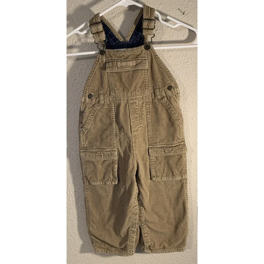 OSHKOSH B'GOSH Bib Overalls 2T 24 Mos Lined Khaki Tan Corduroy Pockets Farm